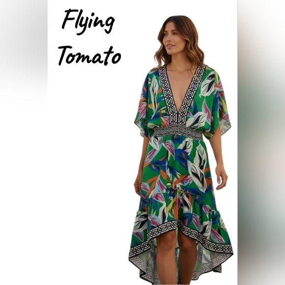 Flying Tomato Dresses & Skirts - Flying Tomato Dress V-Neck Hi-Lo Floral Elasticized Waist Flowy Tropical Print